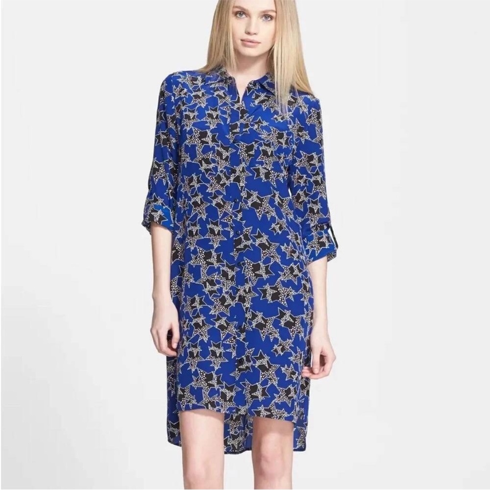 Diane von Furstenberg Prita blue white black star silk button down shirt dress 8